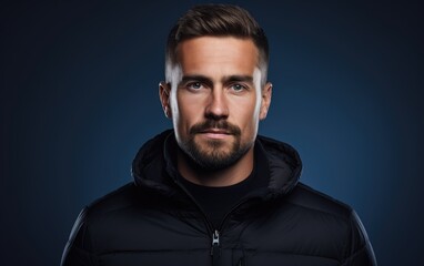 Fototapeta premium Urban Confidence: Stylish Man in Puffer Jacket Against Deep Blue Background