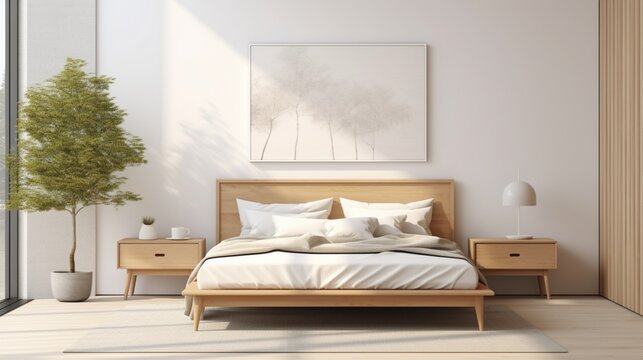 Modern scandinavian and Japandi style bedroom interior design with bed white color. Wooden table and floor, mock up frame wall. 3d render. High quality 3d illustration