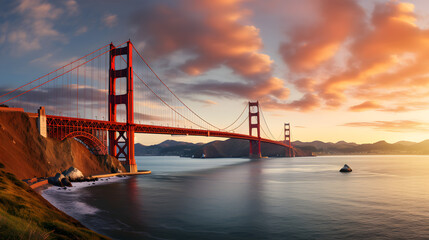 Golden Gate Bridge panorama, San Francisco California, sunset light. generative ai. - obrazy, fototapety, plakaty