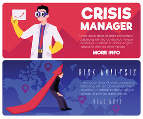 Obraz premium Crisis management vector landing page set, crisis manager looking for success strategy to achievement or identify risk