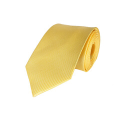 Luxury yellow necktie rolled up isolated on white background.