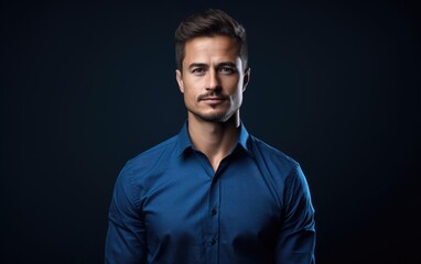 Fototapeta premium Corporate Charisma: Confident Businessman in Blue Dress Shirt on Dark Background