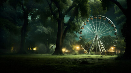 Green forest and ferris wheel with grass in the city park. generative ai.