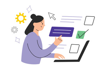 Student passing online test, choosing answer on laptop, hand drawn composition with cartoon female character, internet quiz vector illustration, examination interface, internet education concept