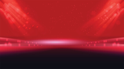 Abstract red lighting tech background stadium stage hall with scenic lights of round futuristic technology half black vector empty stage spotlight background.