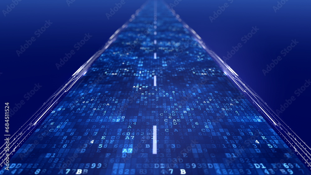 Poster streaming data, binary data moving on a digital road - digital code road concept - 3d illustration