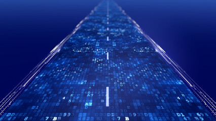 Streaming data, binary data moving on a digital road - Digital Code road concept - 3d illustration