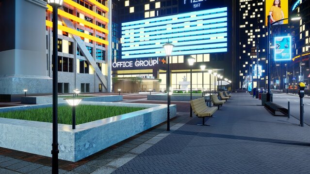 Nighttime downtown city roads with cars driving past tall buildings. Empty metropolitan town with boulevards illuminated by office park constructions and lamp posts, 3d render animation