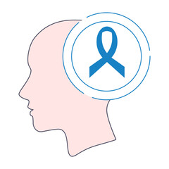 Colon cancer awareness ribbon icon. Female head in side view. Colon cancer bow emblem. Medical vector illustration.