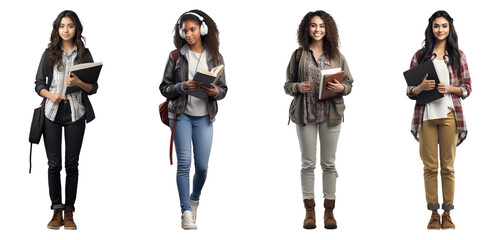 Set of Portrait of young woman college student happy smiling standing holding a book and carrying a school bag, Full body isolated on white background, png