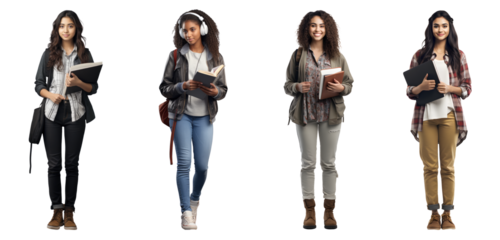 Set of Portrait of young woman college student happy smiling standing holding a book and carrying a school bag, Full body isolated on white background, png