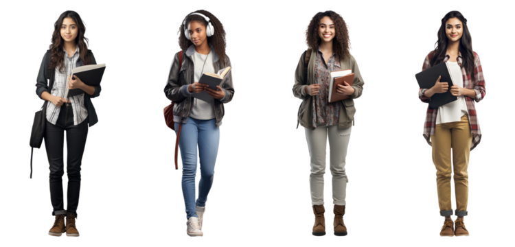 Set of Portrait of young woman college student happy smiling standing holding a book and carrying a school bag, Full body isolated on white background, png