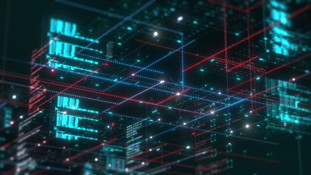 abstract complex neural data network with programming code, concept of web development, machine learning, artificial intelligence, futuristic technology (3d render)