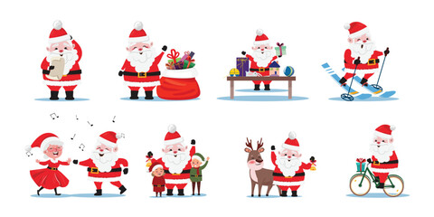 Cartoon collection of Santa Claus and his friends in different situations - obrazy, fototapety, plakaty