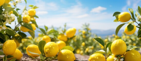Fresh lemons on the tree in a lemon farm It is ready to be picked up by farmers and marketed. The weather is sunny and fresh.Background of a lemon garden in summer with copyspace for text