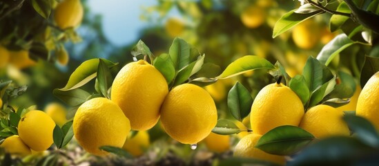 Fresh lemons on the tree in a lemon farm It is ready to be picked up by farmers and marketed. The weather is sunny and fresh.Background of a lemon garden in summer with copyspace for text