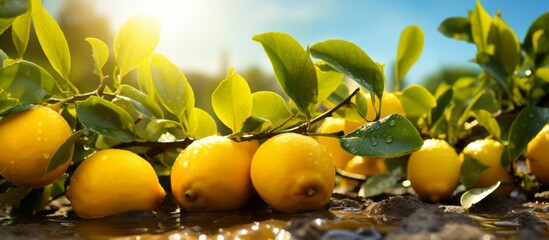 Fresh lemons on the tree in a lemon farm It is ready to be picked up by farmers and marketed. The weather is sunny and fresh.Background of a lemon garden in summer with copyspace for text