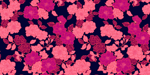 Abstract ornate flowers seamless pattern. Blooming spring or summer meadow seamless pattern. Vector hand drawn leaves and flowers. Template for textile, fashion, print, surface design, fabric