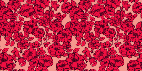 Bright red floral tapestry on a beige background. Artistic blooming spring or summer flowers meadow seamless pattern. Beautiful red silhouettes flowers background. Vector hand drawn art.