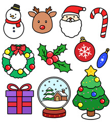 Various Christmas decorations and character illustration clip art