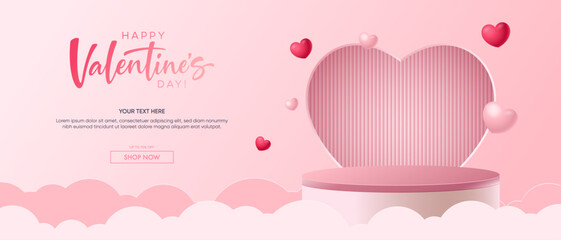 Realistic pink 3D cylindrical podium with heart shaped background for valentine's day banner. Valentine's day minimal scene for products showcase, Promotional display. Vector room platforms. - obrazy, fototapety, plakaty