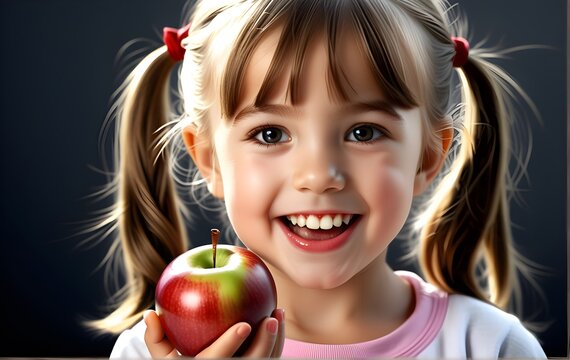Smiling beautiful girl holding a red apple in her hand. Heathy lifestyle, health and wellness concept 