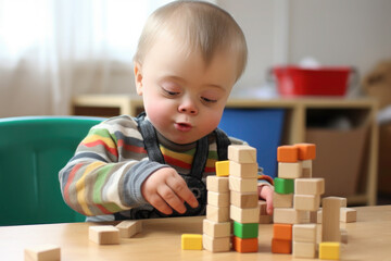 A boy with Down's syndrome lays out geometric shapes. child plays at school. rehabilitation of a disabled child.