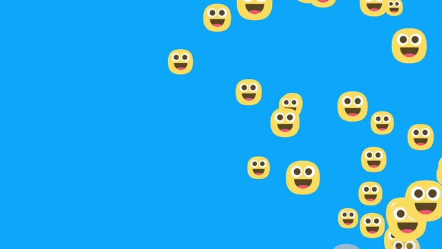 Group of smiling emojis in motion on a blue background