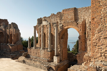Italy, Sicily, Taormina, Ruins of ancient Greek theater