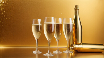 Bottle and glasses of champagne on shiny and gold background
