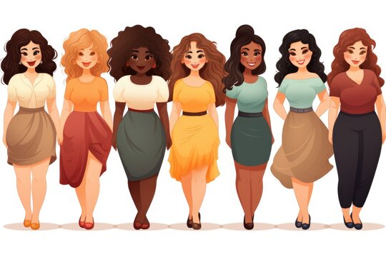 Illustration Cartoon of plus size women, happy and smiling. Curvy and overweight girl dressed casually.