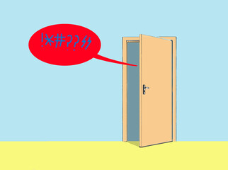 Red speech bubble containing profanities coming from behind open door