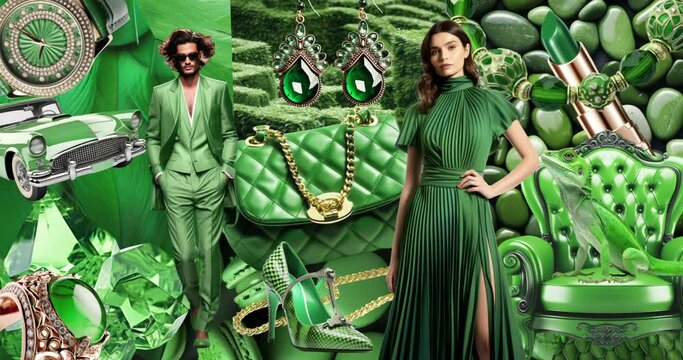 Fashion colors moodboard collage. Stylish models and accesoriess. Green aesthetic. Trendy loop animation. Content ai generated