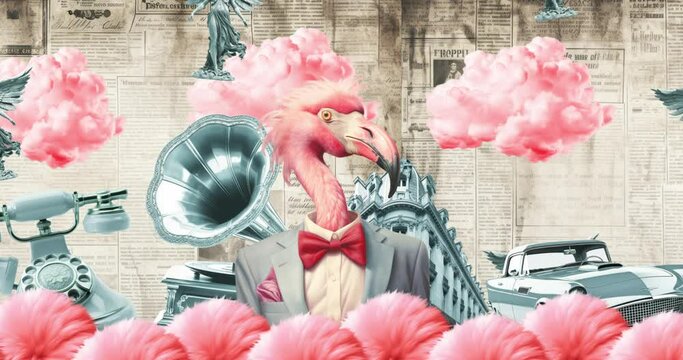 Сollage flamingo gentleman in retro style. Vintage fashion mood. Modern loop animation. Content ai generated