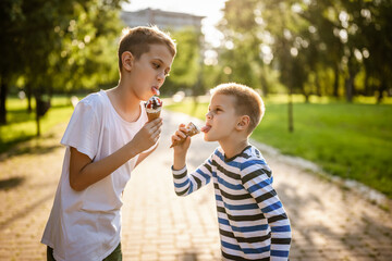 Fototapeta premium Two brothers are eating ice cream in park in summer. They are having fun and mocking at each other.