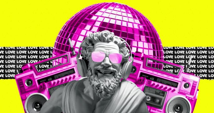 Antique statue wearing headphones, disco mood, music concept. Modern animation design. Content ai generated