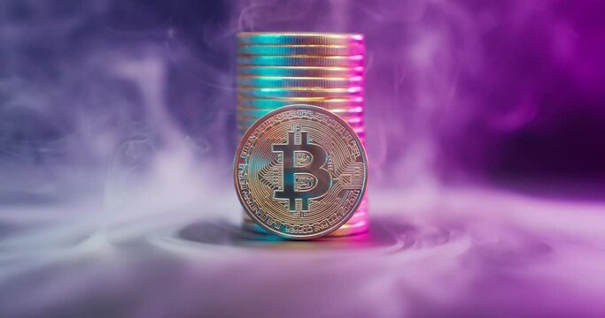 Bitcoin coins rotate around their axis in smoke.