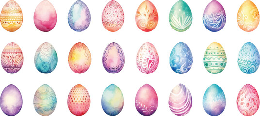 Set of watercolor Easter eggs on white background.