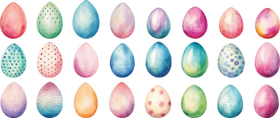 Set of watercolor Easter eggs on white background.
