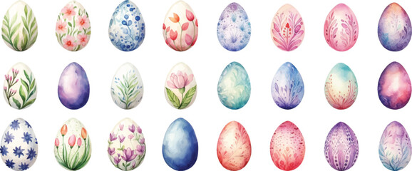 Set of watercolor Easter eggs on white background.