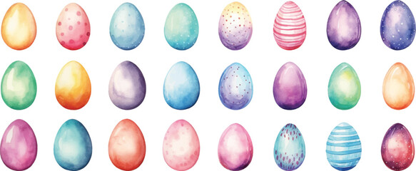 Set of watercolor Easter eggs on white background.