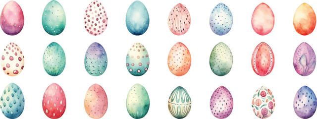 Set of watercolor Easter eggs on white background.