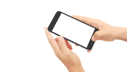 Hand holding smartphone device touching screen