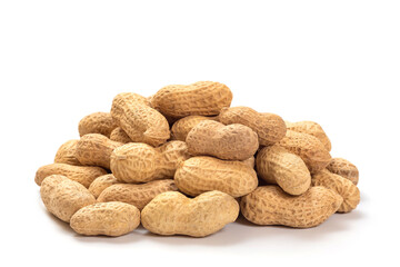 Peanuts in shell isolated on white background. Food background of peanuts