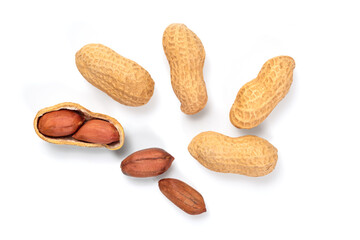 Peanuts isolated on white background. Top view
