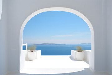 minimalism arch gate view to the sea beach living santorini island style. generative ai.