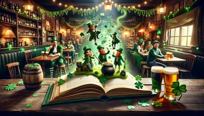 Saint-Patrick : leprechaun et son chaudron de pièces d’or , évoquant l'esprit et les traditions de l'Irlande, parfait pour la promotion d'événements ou des festivités Irlandaise de la St Patrick - obrazy, fototapety, plakaty