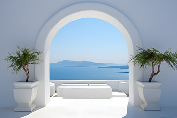 minimalism arch gate view to the sea beach living santorini island style. generative ai. - Powered by Adobe