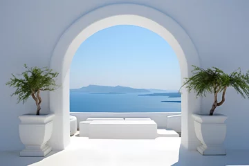 Zelfklevend Fotobehang minimalism arch gate view to the sea beach living santorini island style. generative ai. © mfz