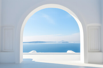 minimalism arch gate view to the sea beach living santorini island style. generative ai. - obrazy, fototapety, plakaty